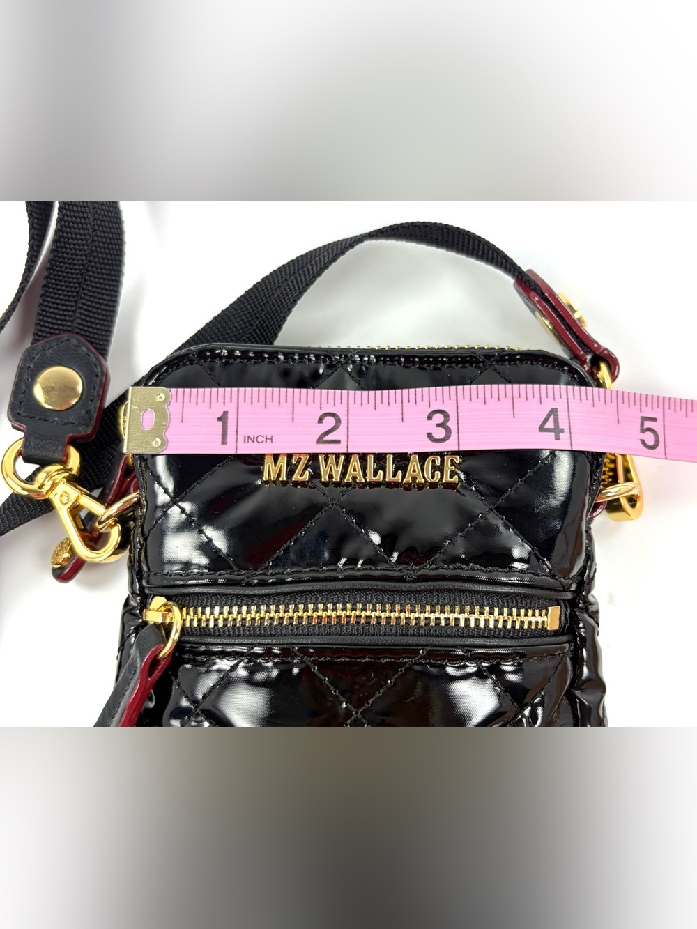 MZ Wallace Micro Crosby Patent Phone Crossbody Black Gold Hardware - Picture 14 of 16